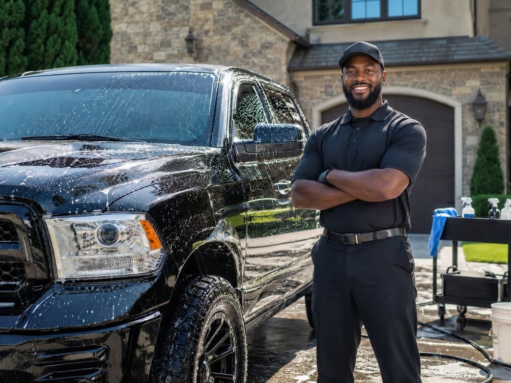 Professional detailer beside a freshly washed truck