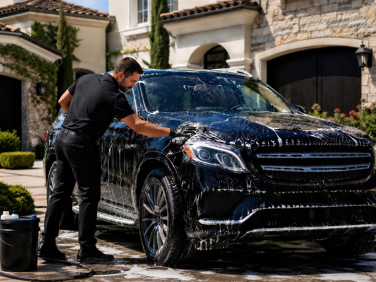 Mobile detailer washing a vehicle in a driveway