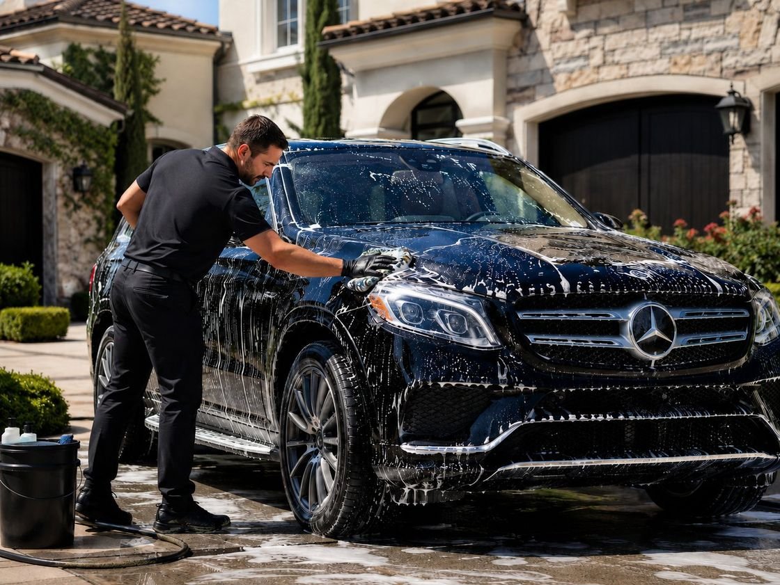Detailer hand-washing a luxury SUV in a driveway