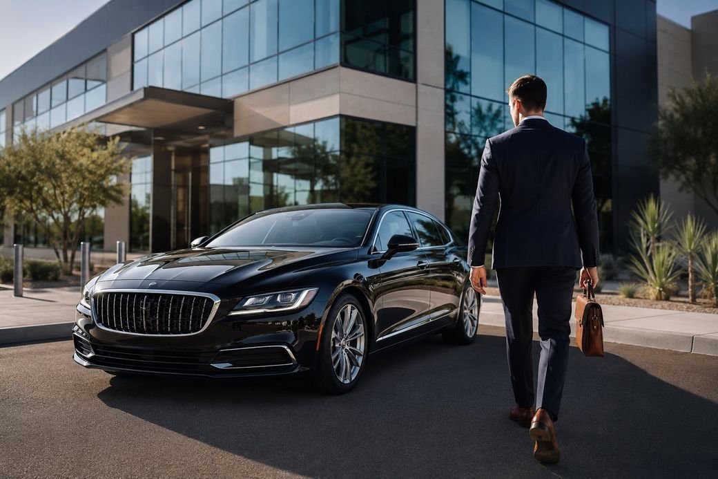 Professional walking to a detailed car outside the office