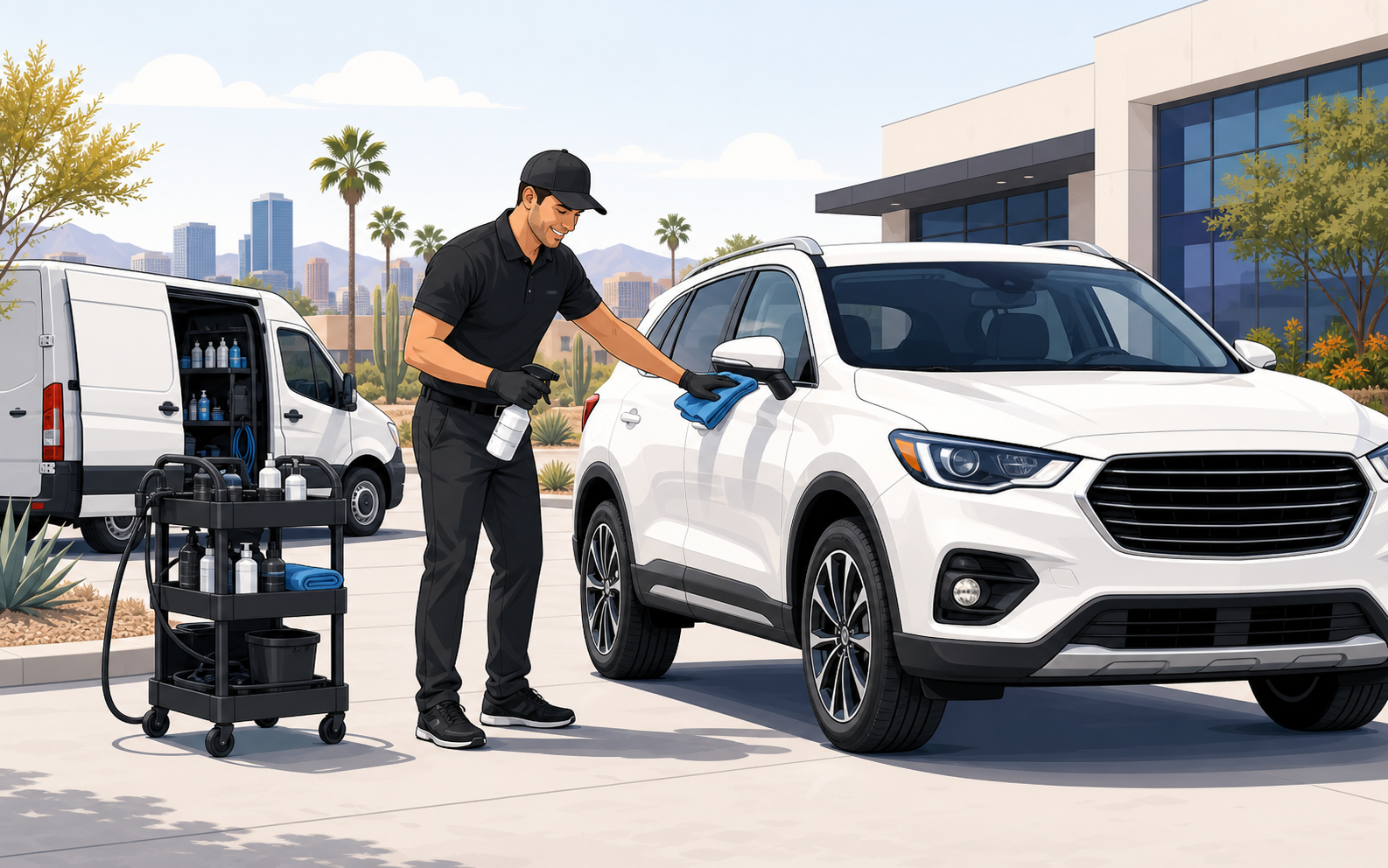 Illustration of a mobile detailer cleaning a vehicle at the customer location