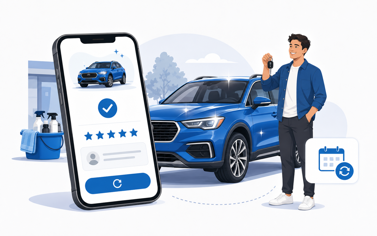 Illustration of a customer reviewing a completed detail and rebooking service